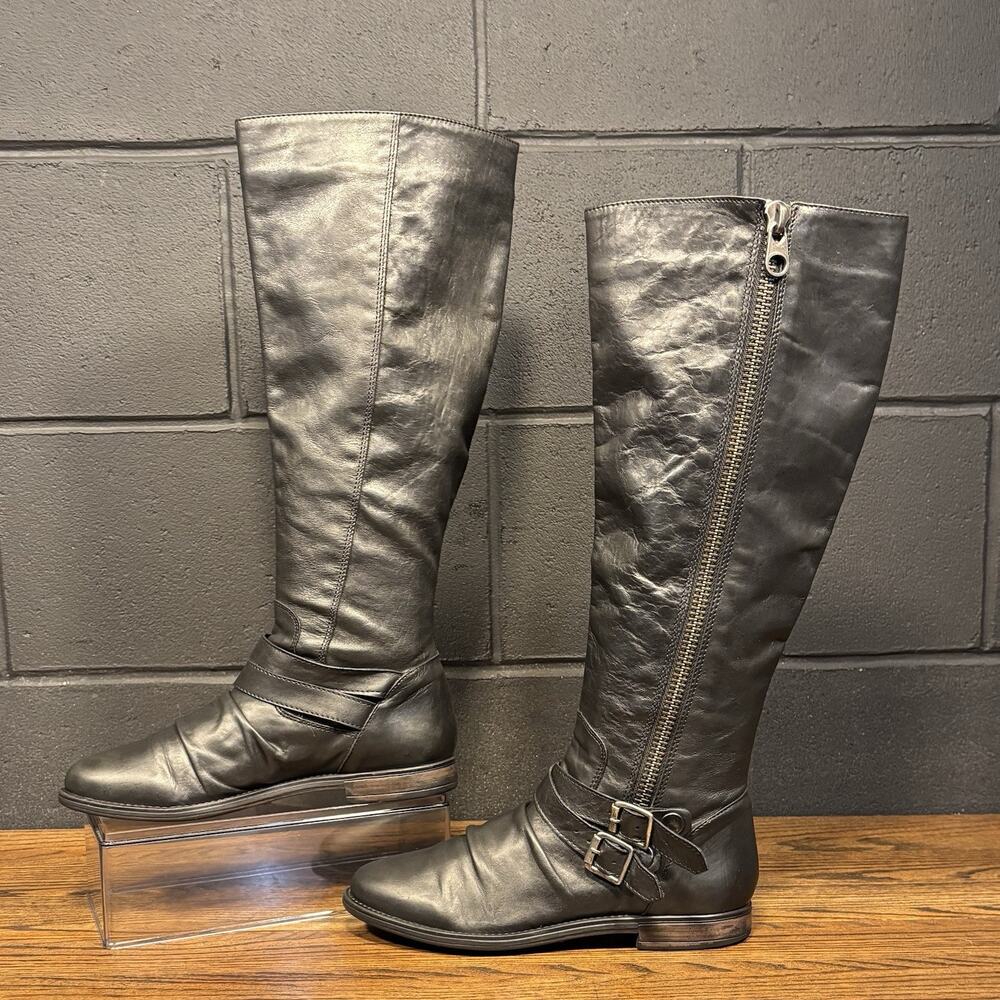 Steve Madden Saviorr Black Leather Knee High Riding Moto Biker Boots Women’s 9
